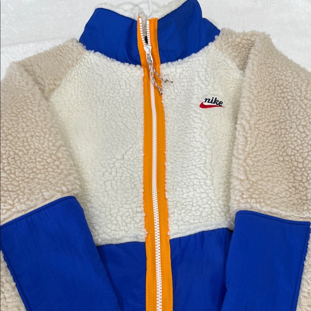Nike Cream Sherpa Jacket with Royal Blue Panels & Orange Zip